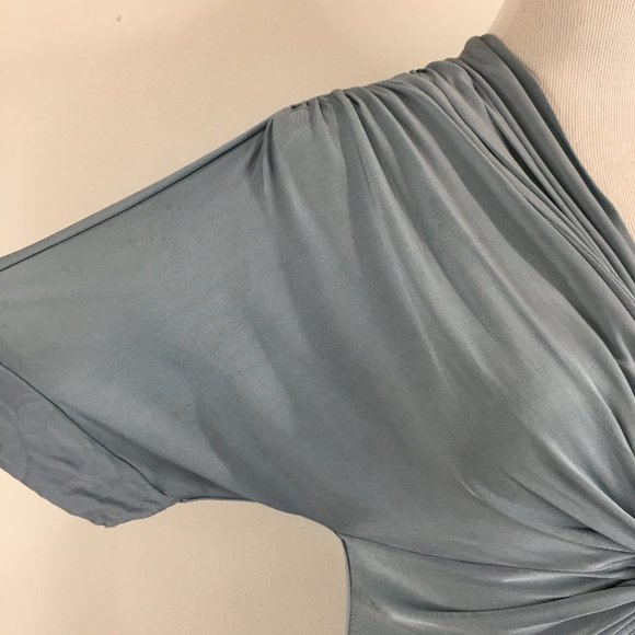 BCBGMAXAZRIA Shiny Stretch Slate Blue Knot Front V Neck Flutter Sleeve Shirt - Picture 11 of 12